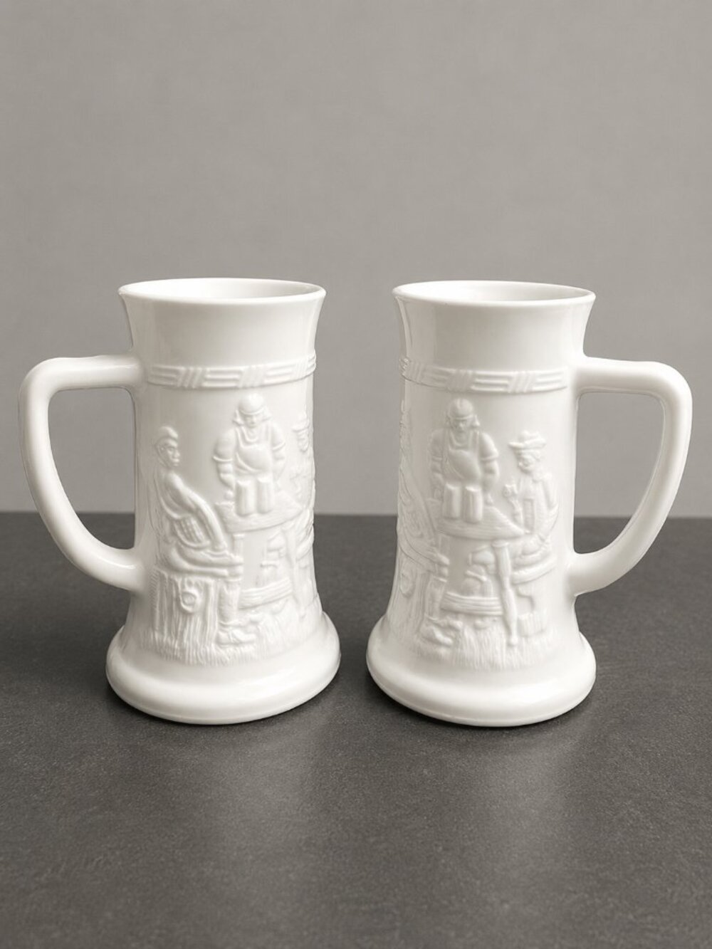 VTG Set of 2 White Milk Glass Beer Steins Embossed Tavern Scene 6"